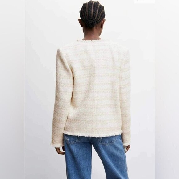 🩷 Mango, Tweed jacket with ruffled cuffs - Ecru. Size: S (US). NWT. - Picture 6 of 12